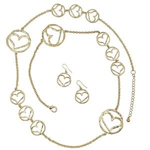 Long Heart Circles Gold Necklace Earrings Set